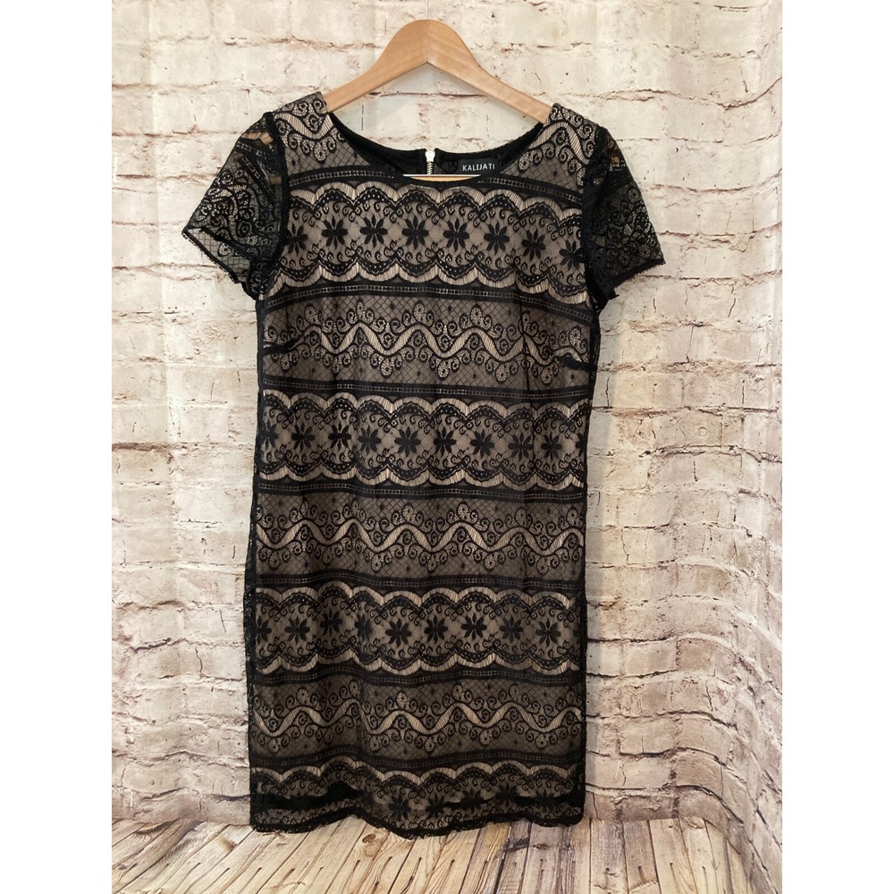 Kalijati Dress‎ Womens 10 Black Lace Shift Short Sleeve Zip Up Lined Evening